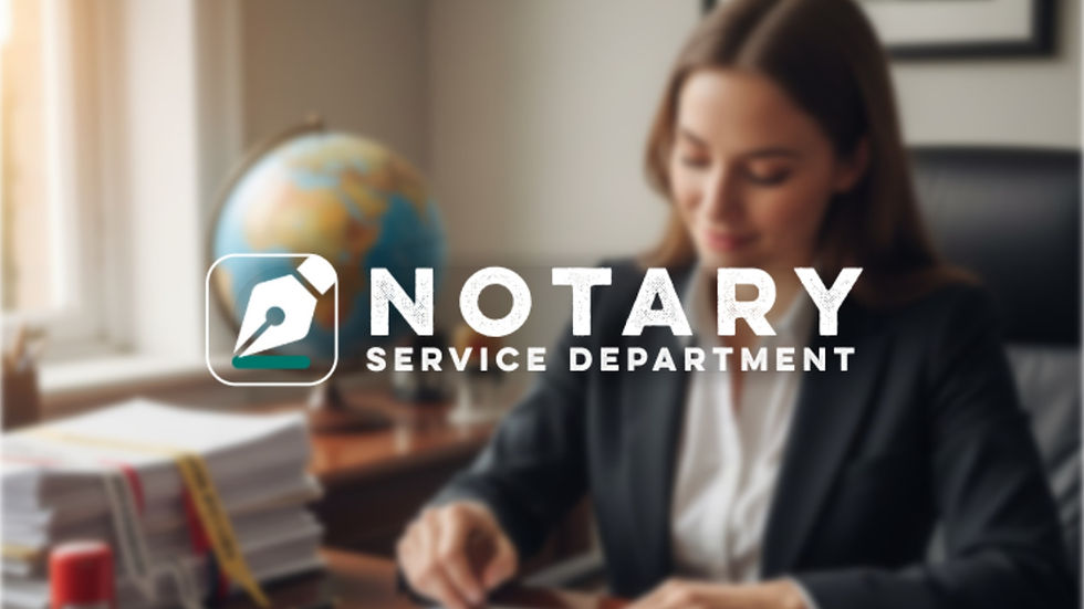 Woman in an office signs documents at a desk. A globe is in the background. Text reads: "Notary Service Department." Mood is professional.