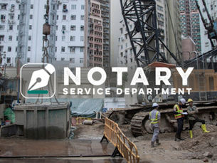 Construction site with workers wearing helmets and vests, surrounded by cranes and high-rise buildings. Text overlay: NOTARY SERVICE DEPARTMENT.