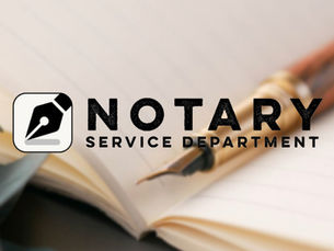 Notary Service Department logo over an open notebook and fountain pen, with a clean office-style background.