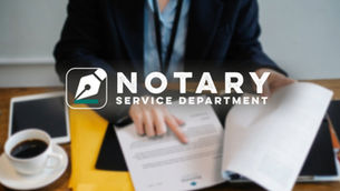 Person signing a document at a desk with coffee, tablet, and yellow folder. Text reads: Notary Service Department. Professional setting.