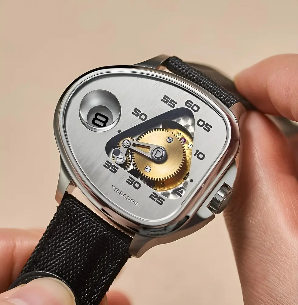 montre à heure sautante angles avec aiguille des minutes qui se rétracte dans un guichet en forme de triangle