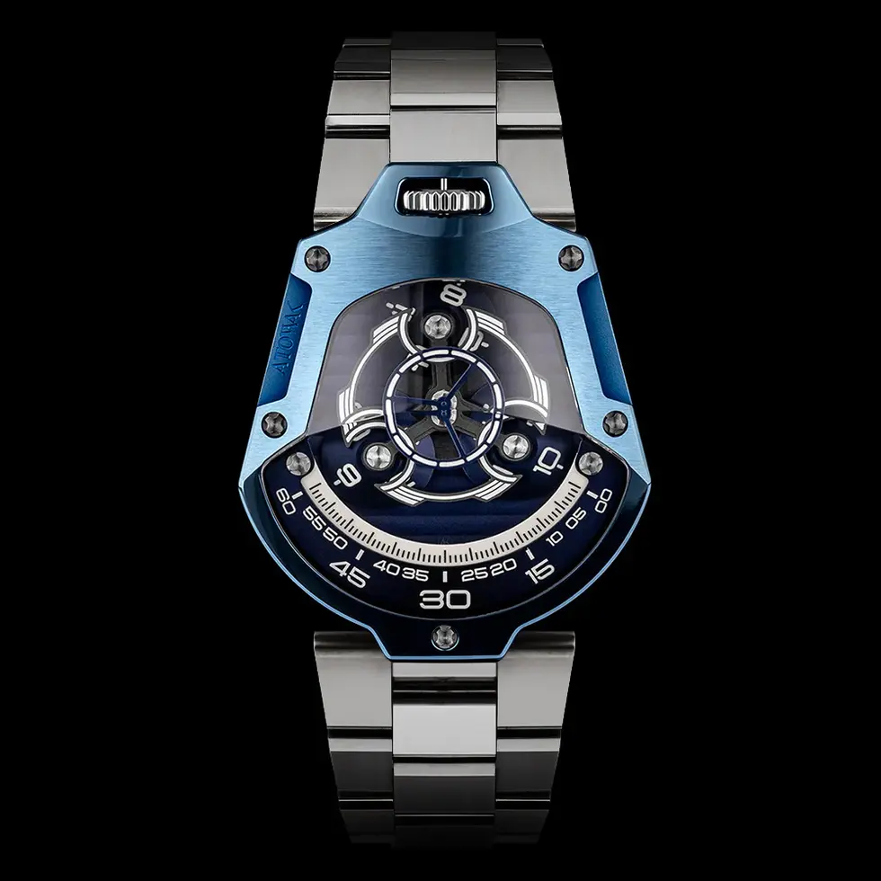 Montre à affichage à heure vagabonde, inspiré des trajectoires orbitales ATOWAK Spaceship Abyssal blue