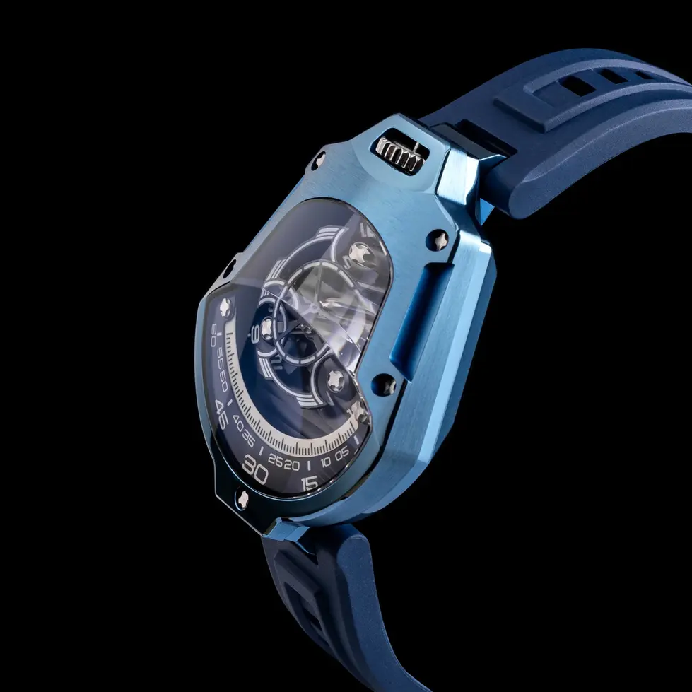 Montre à affichage à heure vagabonde, inspiré des trajectoires orbitales ATOWAK Spaceship Abyssal blue