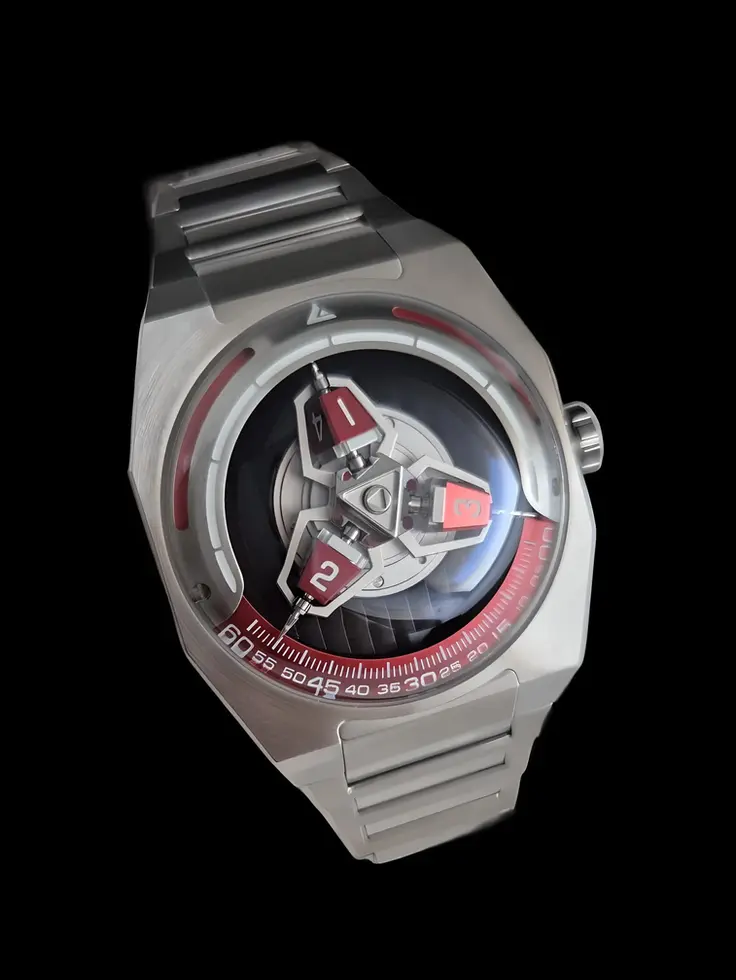 montre heure vagabonde sur satellites index rouges ruby ANGLES Cerberus ruby