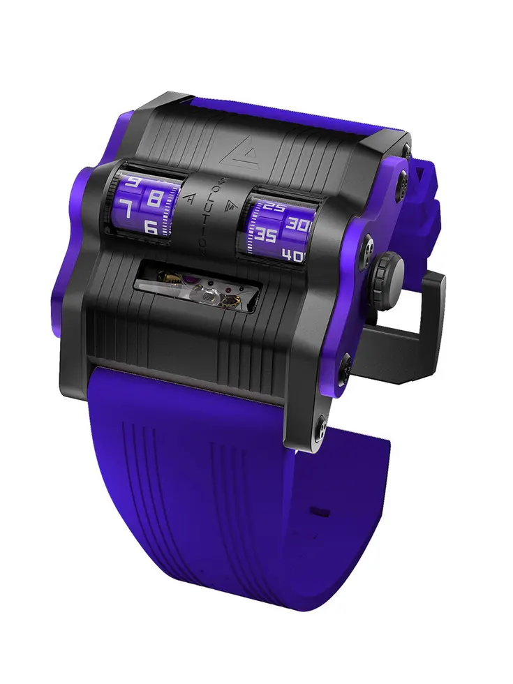montre avant gardiste à affichage de l'heure sur rouleaux ANGLES Revolution H Violet Shadow