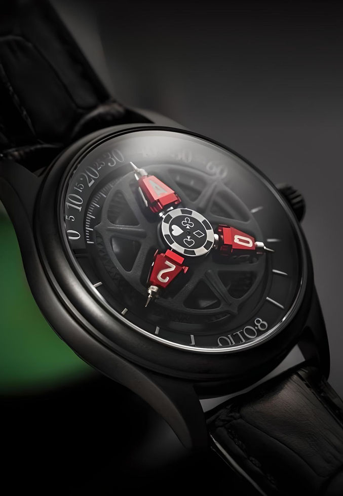 montre heure vagabonde à cadran inspiré des jeux de cartes OLTO-8 KING 3D Satellite Hour Wheel Automatic Dice Red