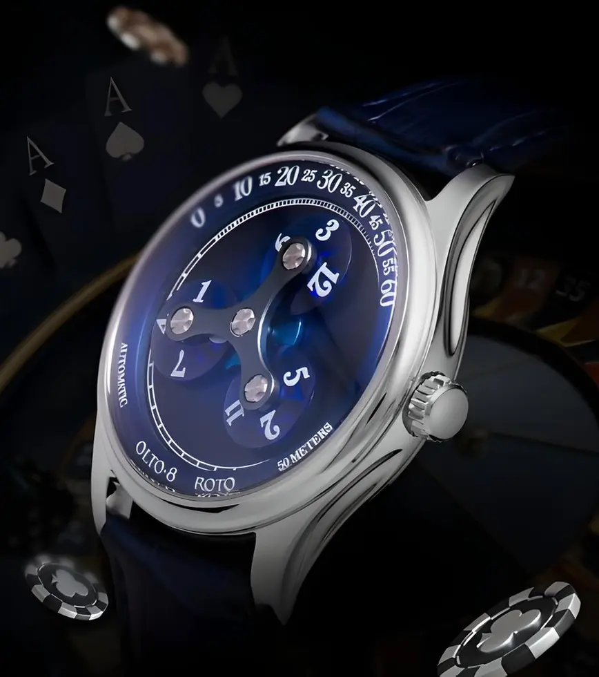 montre heure vagabonde inspiré du casino cadran bleu nuit bracelet cuir bleu avec surpiqures