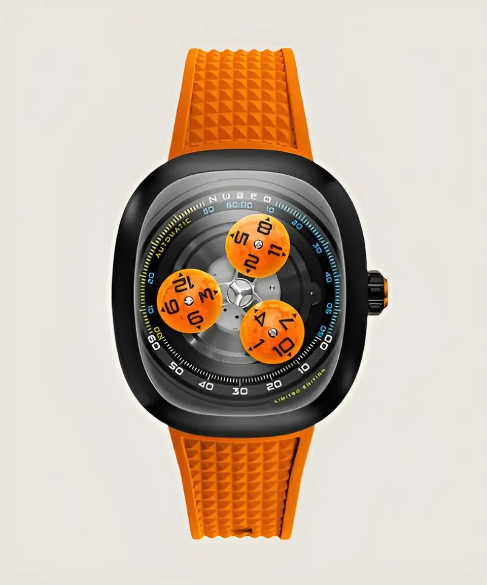 NUBEO Tri-Star Orbit Trois aiguilles en forme de dôme, gravées comme des astres miniatures, gravitent autour d’un carrousel