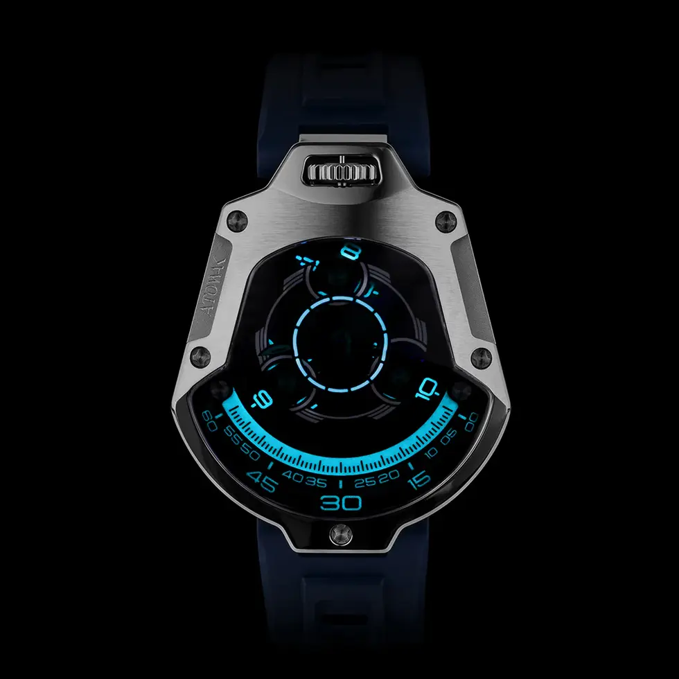 une montre automatique heure vagabonde qui réinvente le temps à travers une vision cosmique ATOWAK Spaceship Azure Silver