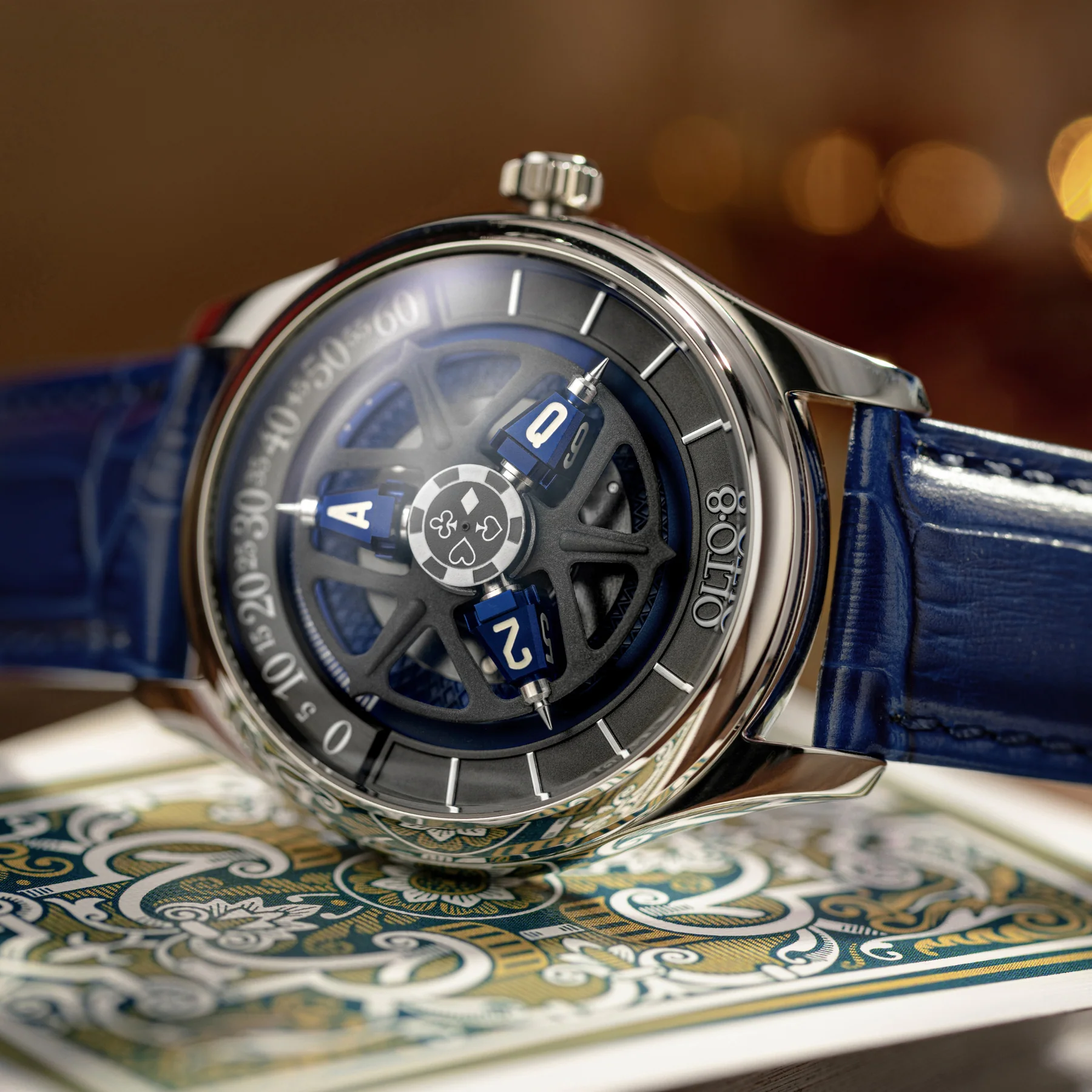 Olto-8 King wandering hour watch, steel case, blue satellites