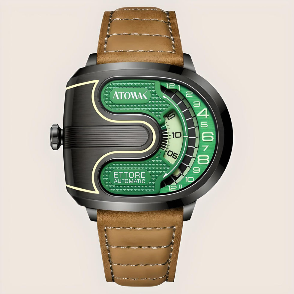 Une montre en forme de virage de circuit automobile, boitier gris anthracite, cadran vert