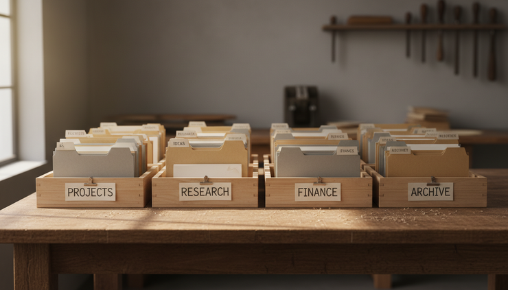 Wide-angle view of sorted paper folders in wooden trays on a workshop table.