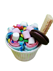 A cup of rolled strawberry and bubblegum flavored ice cream, garnished with a Marshmallow, an Oreo cookie, and a wafer stick.