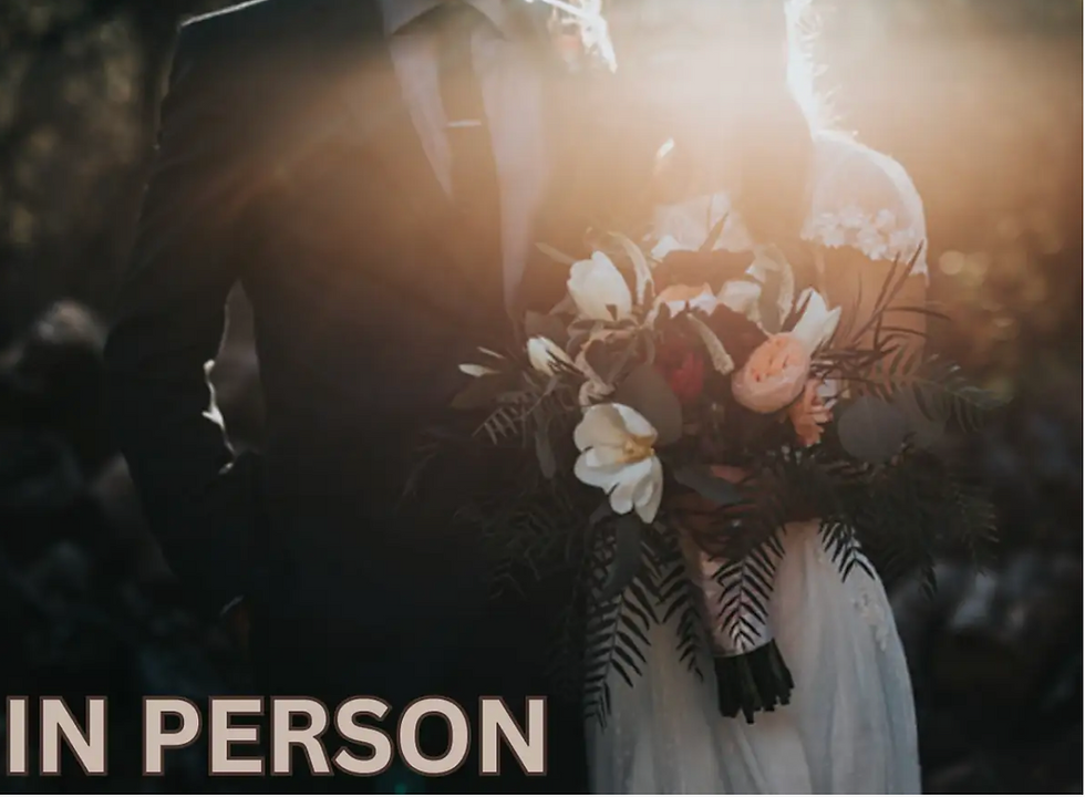 Backlit bride and groom holding a white floral bouquet outdoors, an image used by Tavistock Relationships for their summer intensive school.