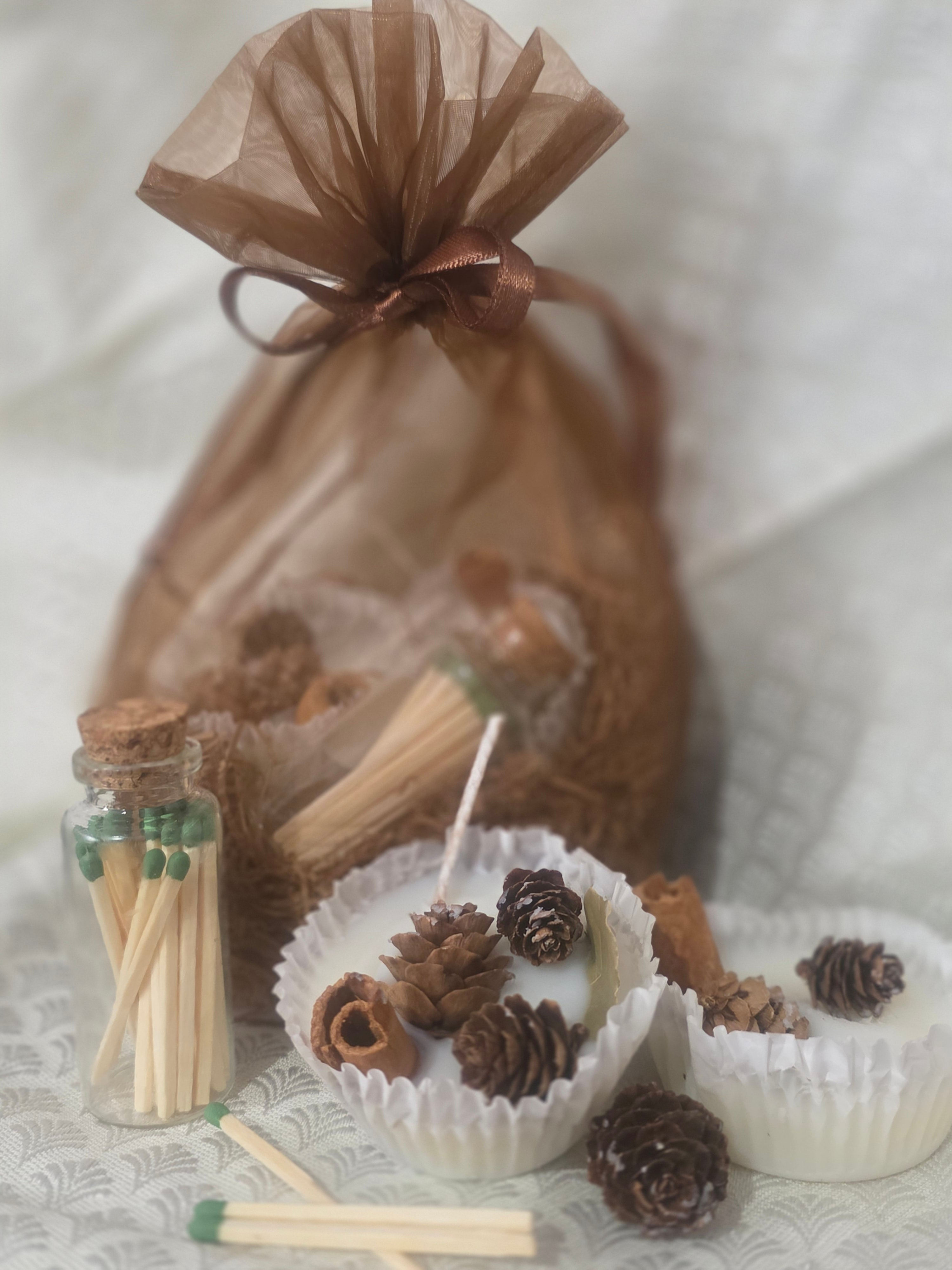 Campfire gift set with two botanical fire starters and safety matches