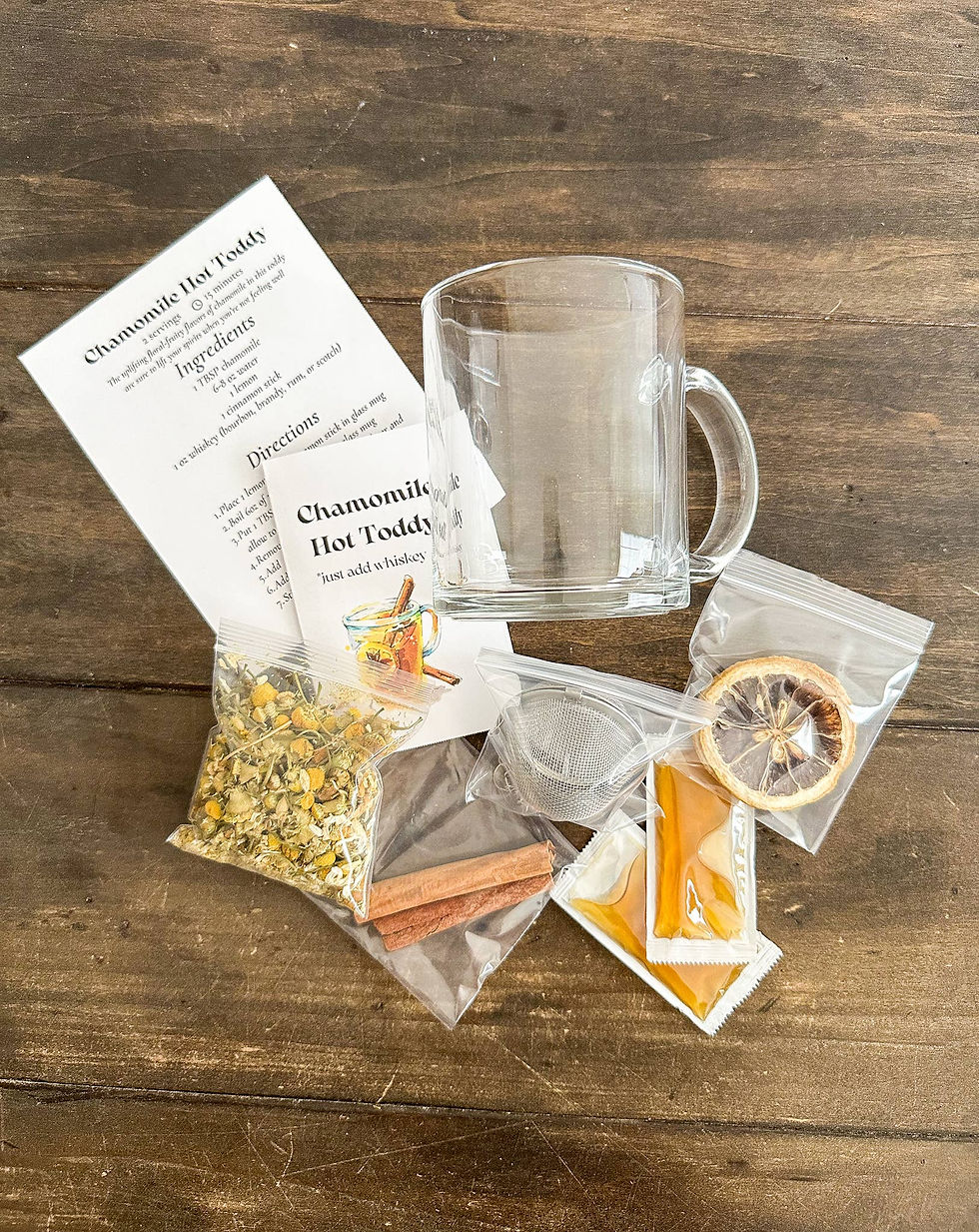 Chamomile hot toddy gift set with mug, infuser, chamomile, lemon, cinnamon and honey