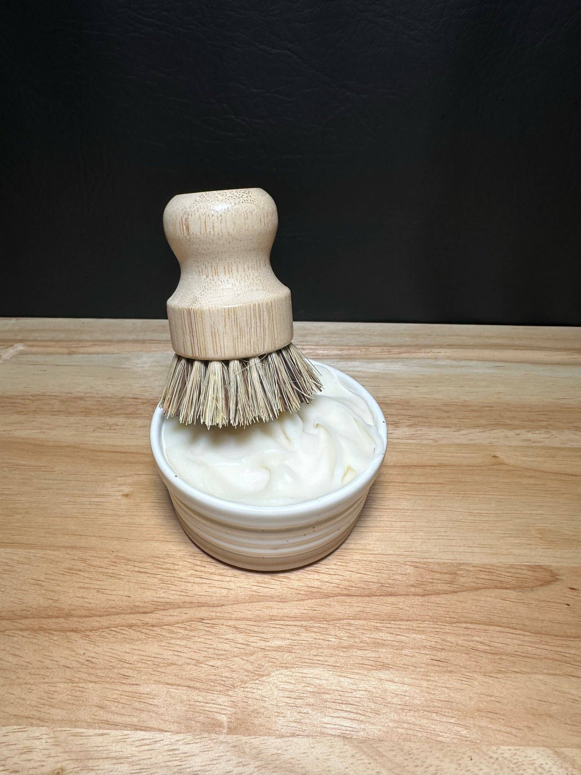 Solid tallow dish soap starter set with ceramic ramekin and bamboo brush