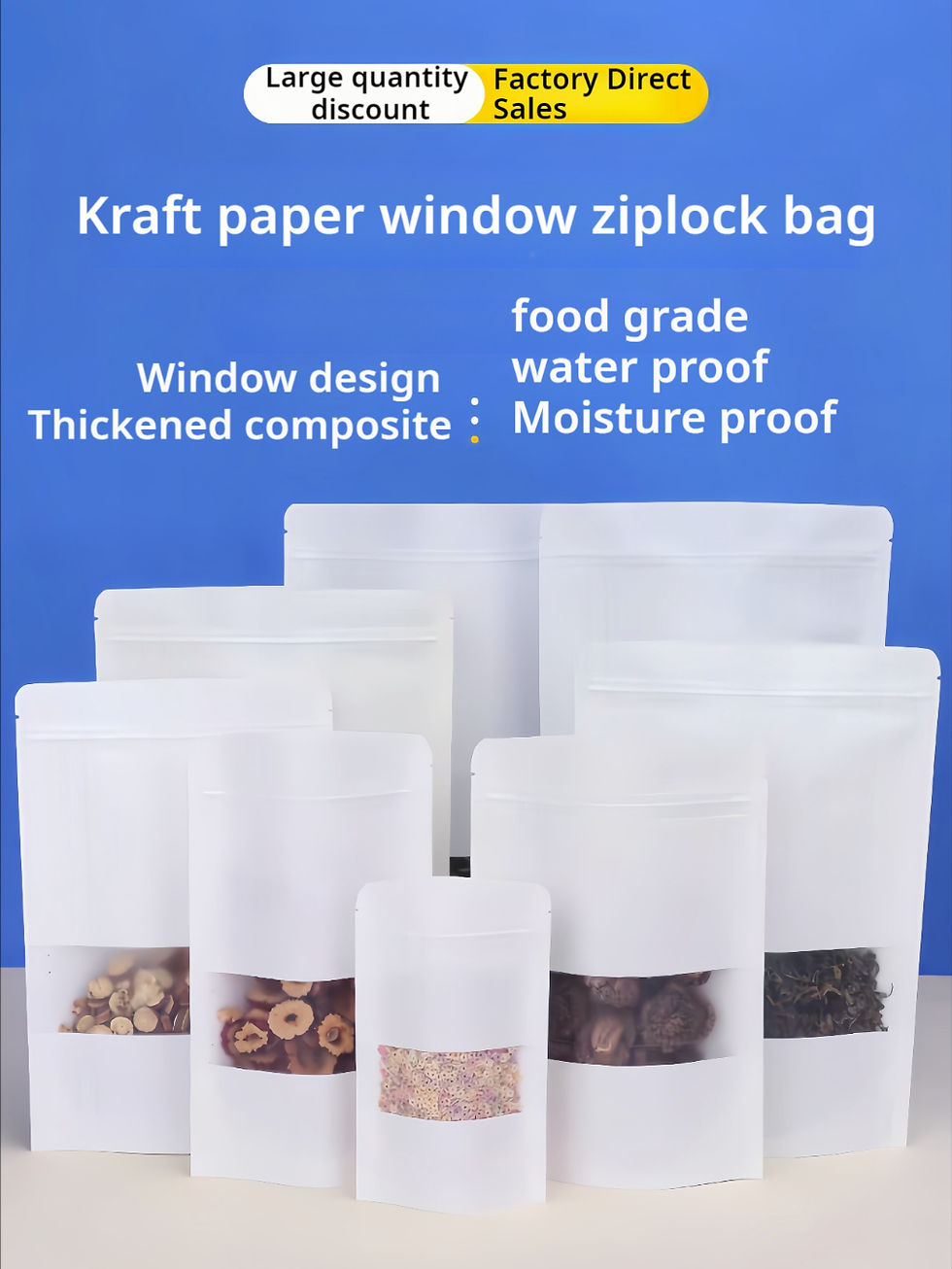 Thumbnail: 100 pcs White Kraft Stand Up Pouch with ZipLock