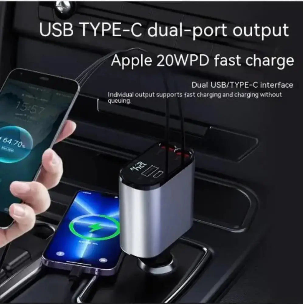 Carregador de celular veicular FAST 100W com adaptador USB e Tipo-C para isqueiro.