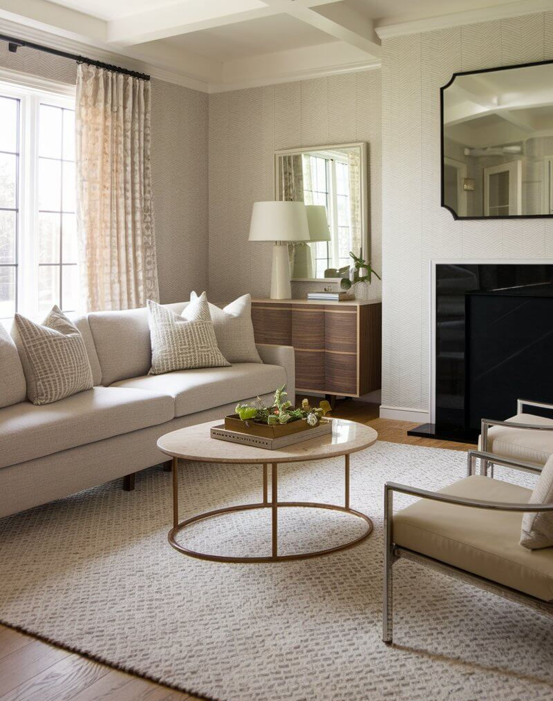 A family room with traditional wooden furniture and sleek, contemporary finishes.