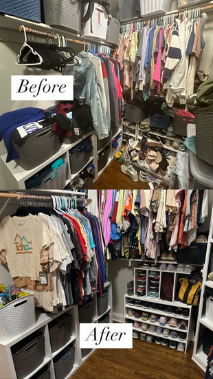 Before and after photo of an organized  master closet