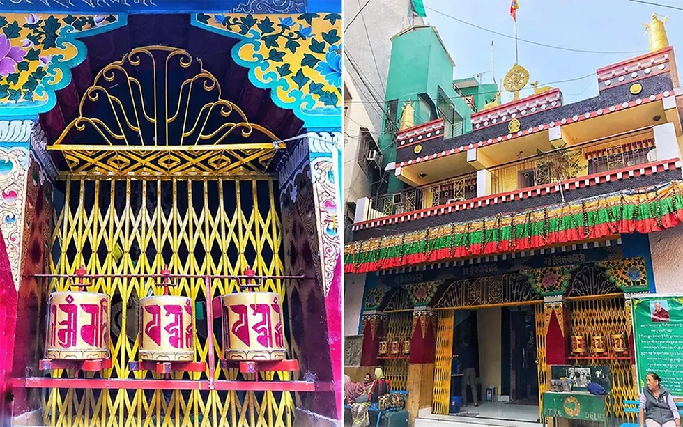 Vibrant, ornate building with colorful prayer wheels and intricate patterns; people nearby, creating a lively, cultural atmosphere.