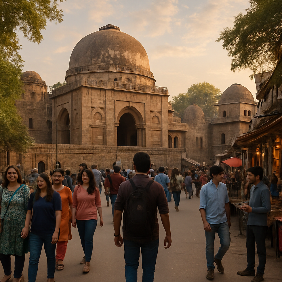 People walk and socialize near an ancient stone building at sunset. Vibrant clothing contrasts with the historical architecture. Relaxed mood.