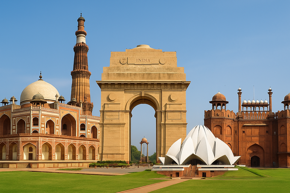 Iconic Indian landmarks, including a large arch, a white lotus-shaped building, and red sandstone structures under a clear blue sky.