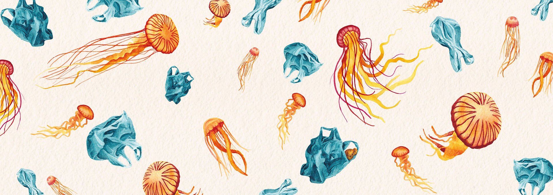 Book end paper Illustration. Watercolour painted jellyfish and plastic bags for an illustrated picture book