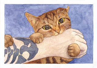 A watercolour painting commission for Kay Dent of Magnus the cheeky rescue tabby cat biting John. Pet Portrait. Painting commission. freelance illustrator. bristol illustrations