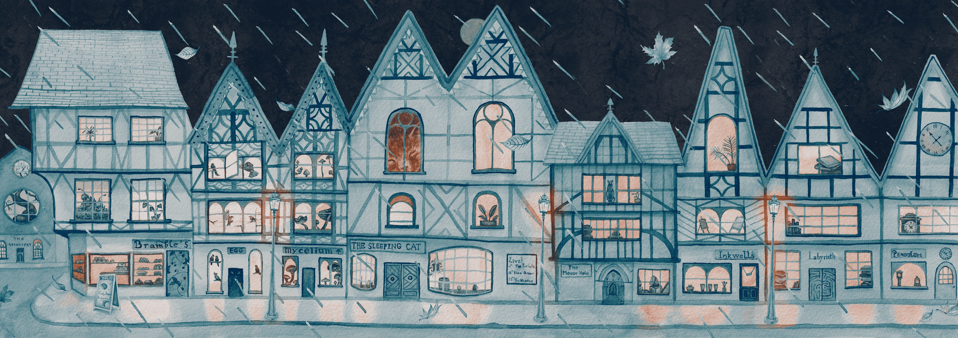 watercolour painting. night sky over street. bristol illustrator. kids book