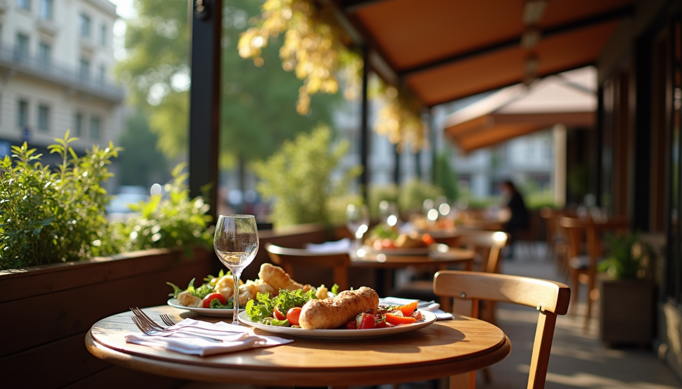 Eye-level view of a restaurant outdoor seating with food laid out