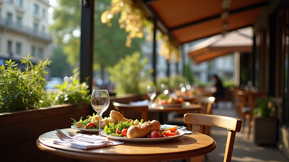 Eye-level view of a restaurant outdoor seating with food laid out