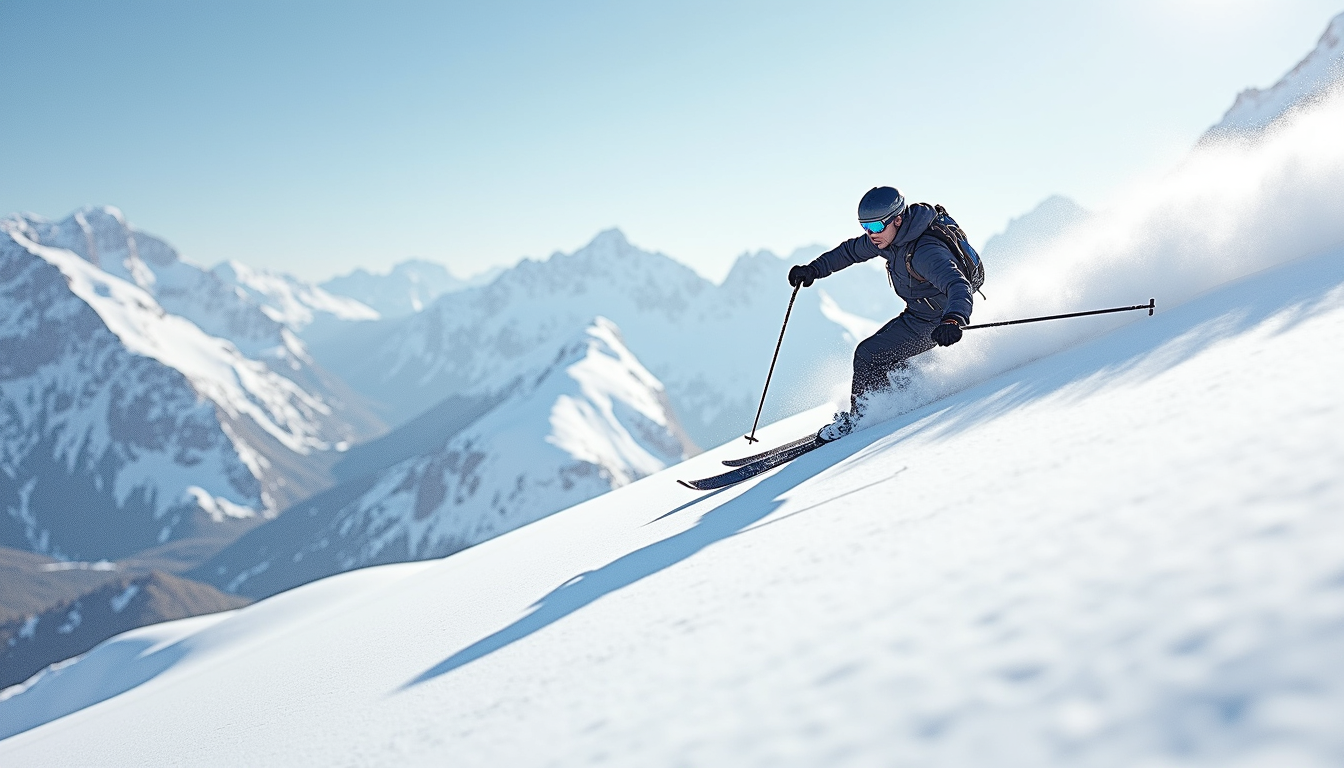 Eye-level view of a skier navigating a snowy slope
