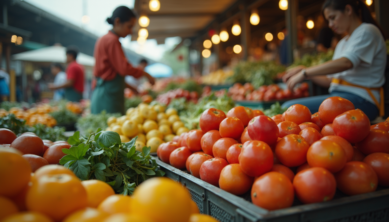 Wide angle view of a bustling local food market filled with colorful produce