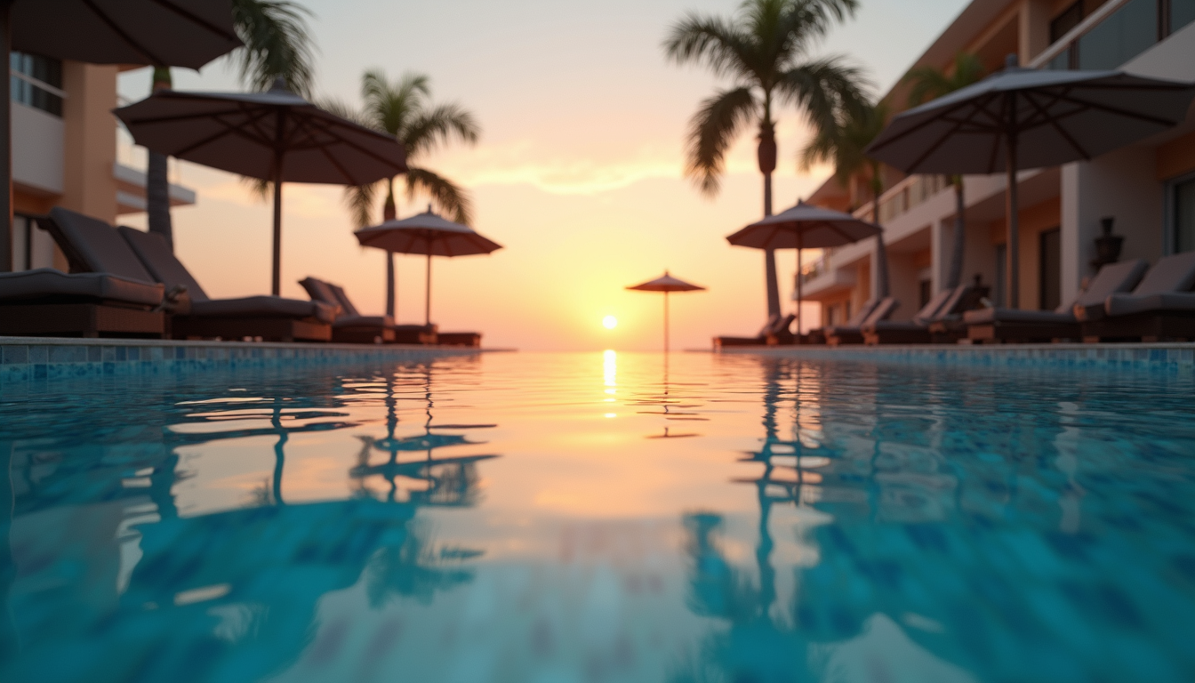 Eye-level view of a luxurious resort pool at sunset