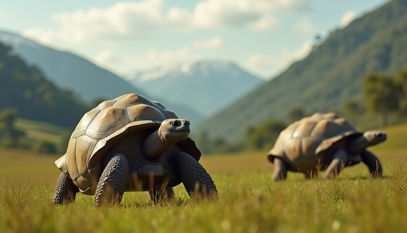 Close-up view of giant tortoises roaming in the lush highlands
