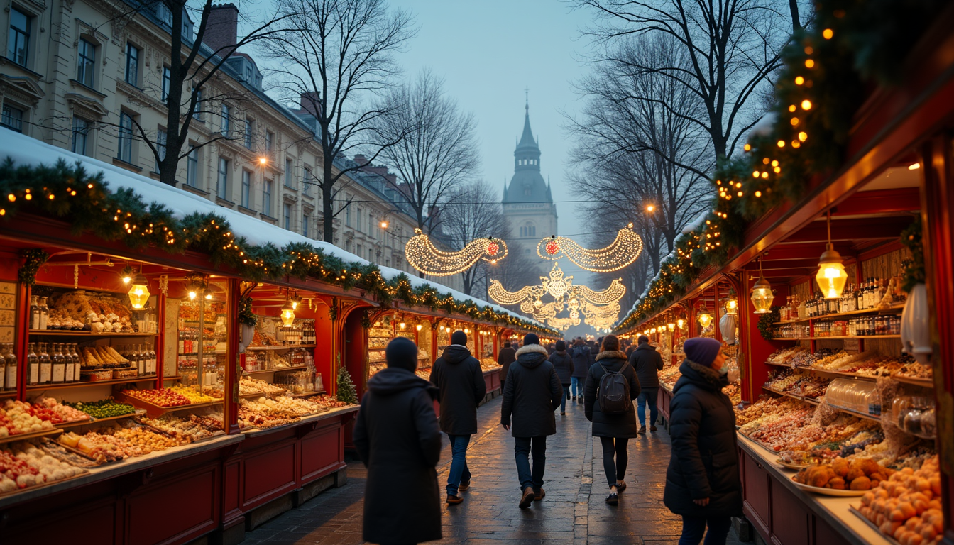 High angle view of a beautifully decorated Christmas market in Vienna