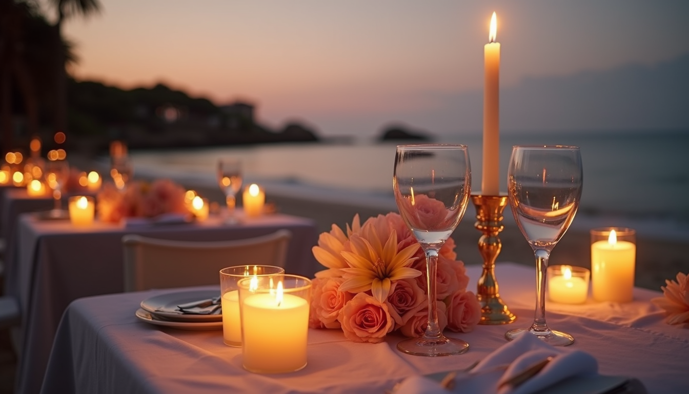 Eye-level view of a candlelit dinner setup on the beach