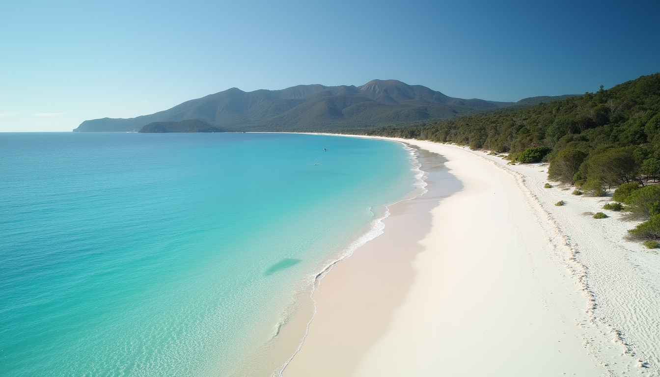High angle view of Whitehaven Beach showcasing its stunning white sand and clear water