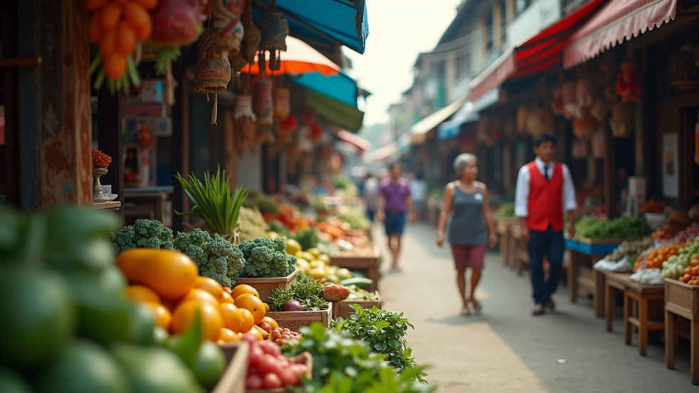 Eye-level view of a vibrant market in Thailand filled with fresh produce and local handicrafts