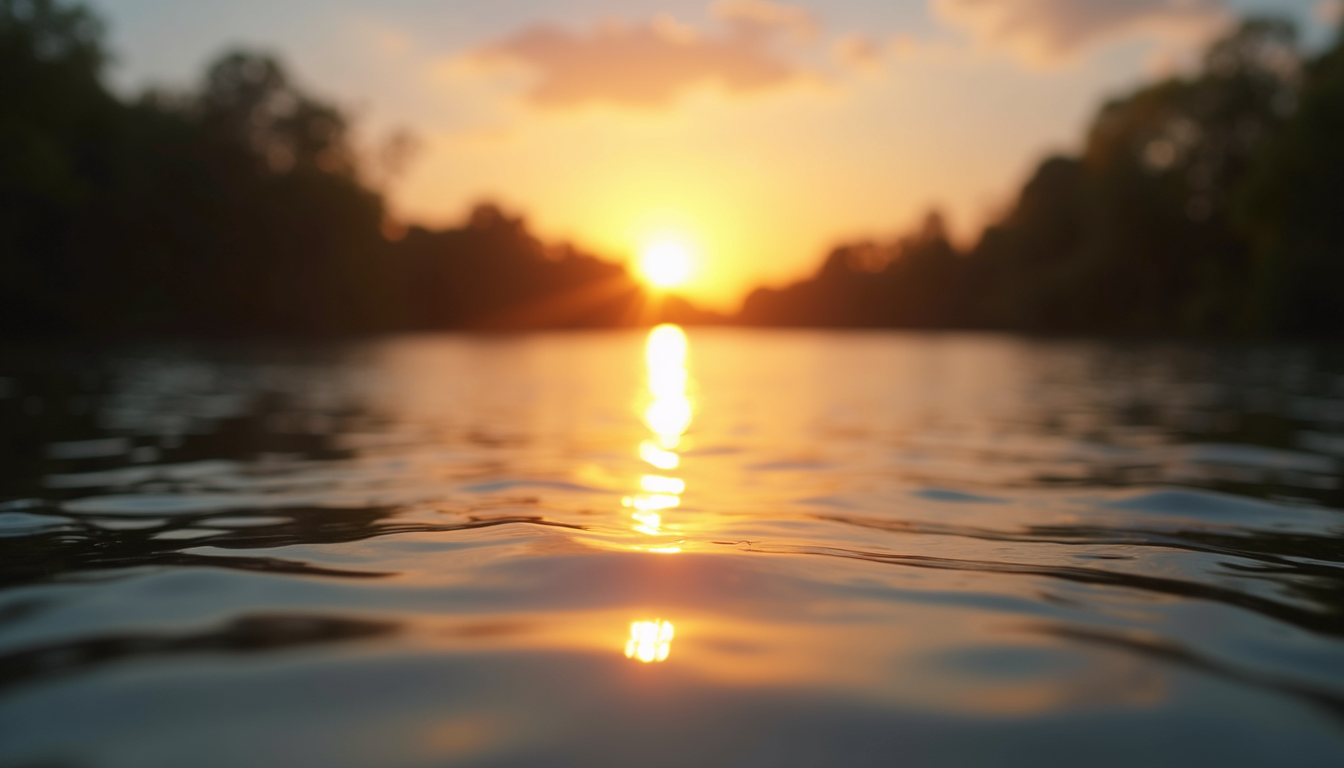 Eye-level view of a calm river at sunset