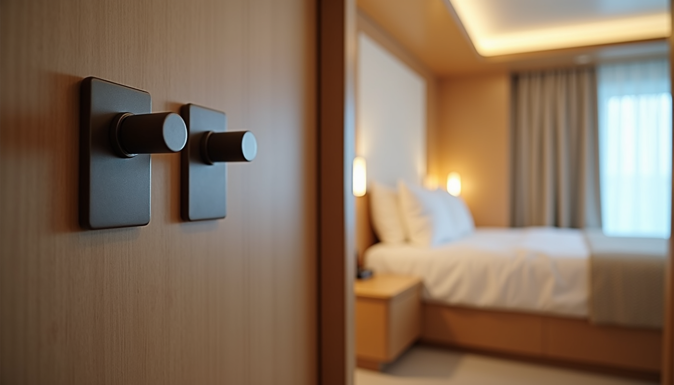 Wide angle view of magnetic hooks hanging on a stylish cruise cabin wall