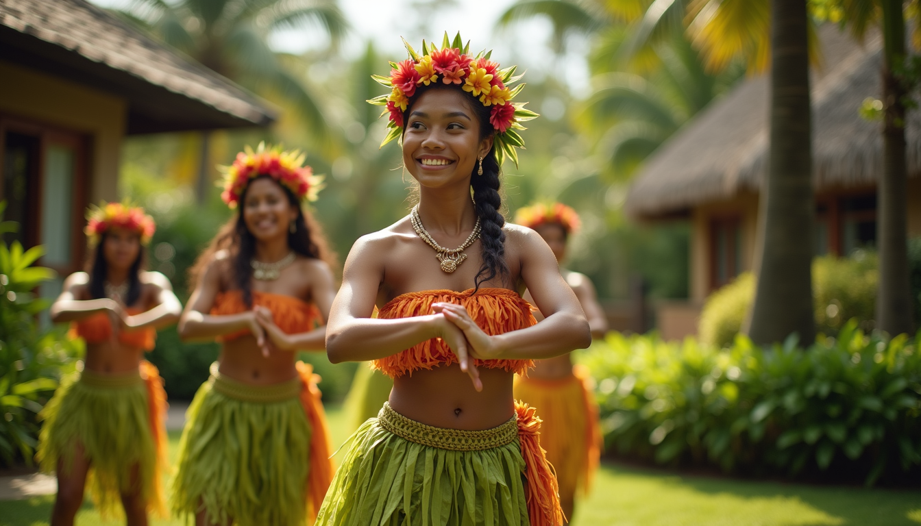 Eye-level view of traditional Hawaiian hula dancers in a lush garden