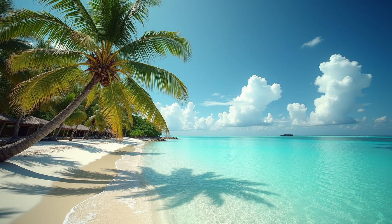High angle view of a tropical beach with turquoise water and palm trees