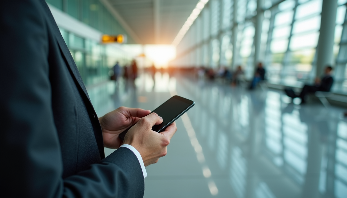High angle view of a traveler holding a passport and phone while standing at an airport terminal