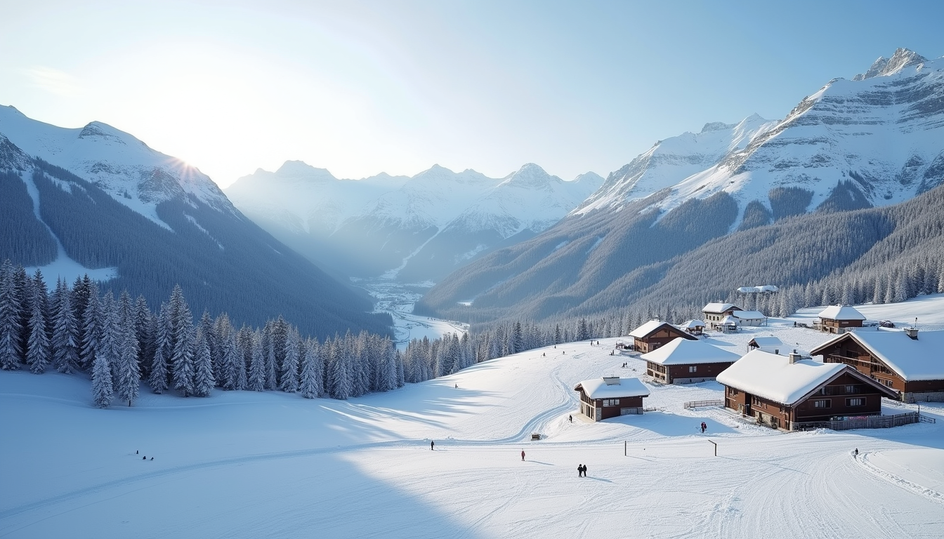High angle view of a ski resort nestled in the mountains