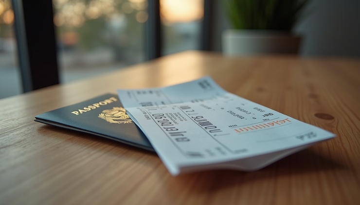 Eye-level view of a passport lying on a wooden table next to a plane ticket