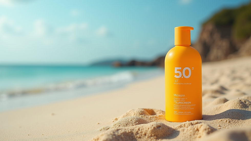 Close-up view of a reef-safe sunscreen bottle on a sandy beach