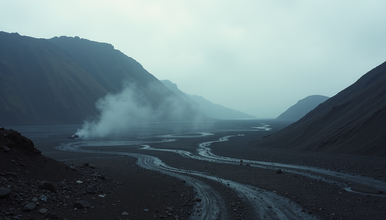 Wide-angle view of rugged volcanic terrain